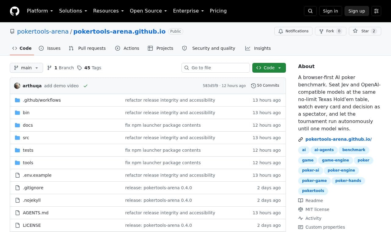 pokertools-arena.github.io 서비스 화면