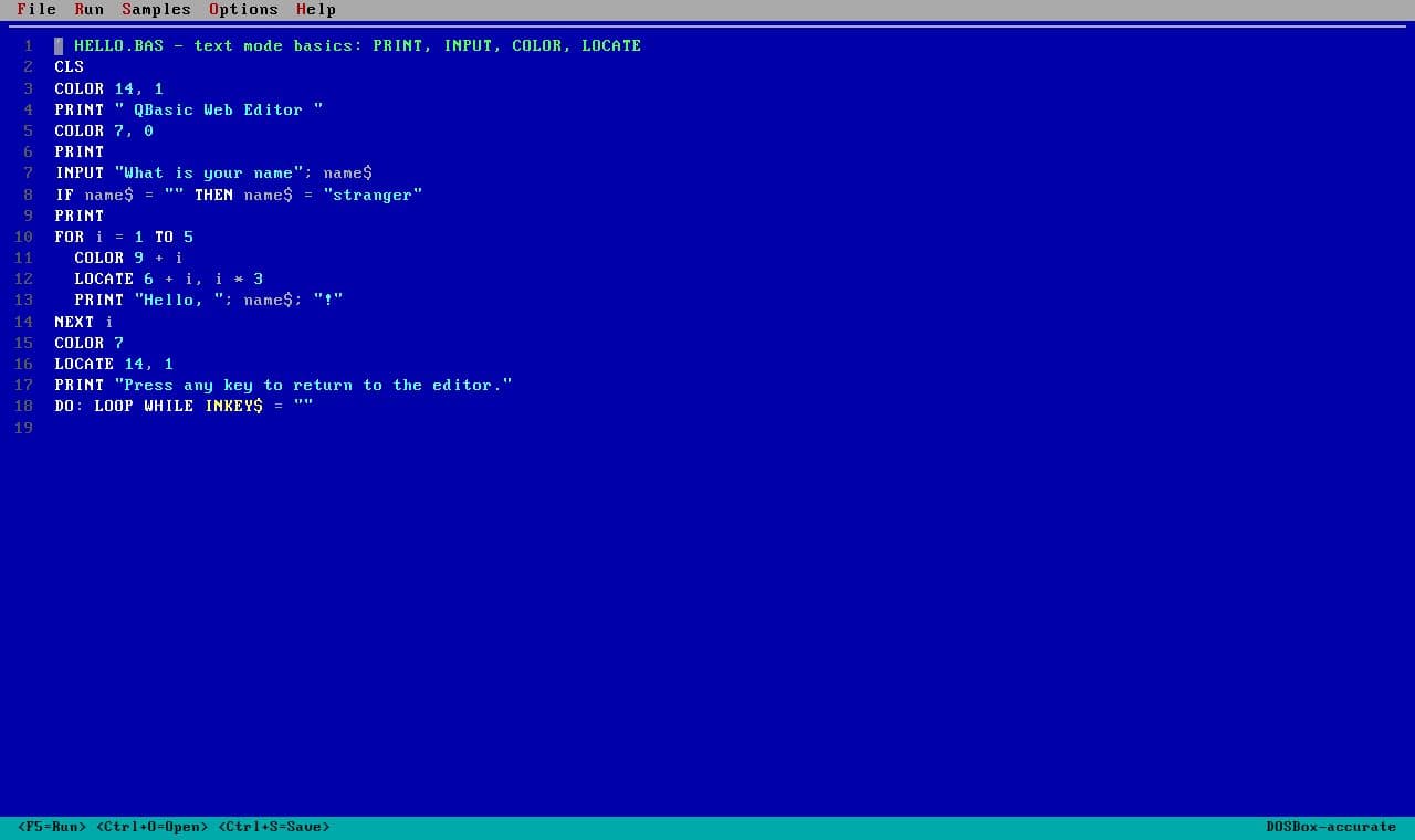QBasic 1.1 in the Browser 서비스 화면