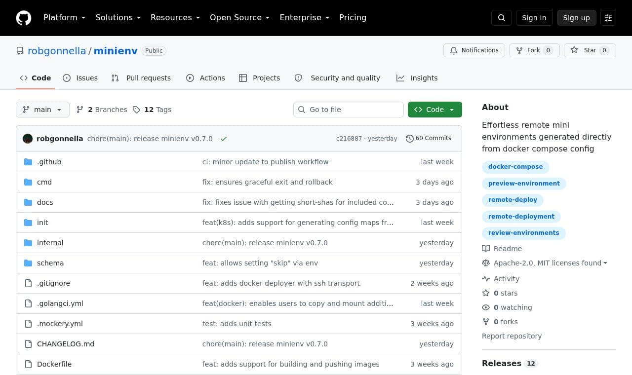 minienv 서비스 화면
