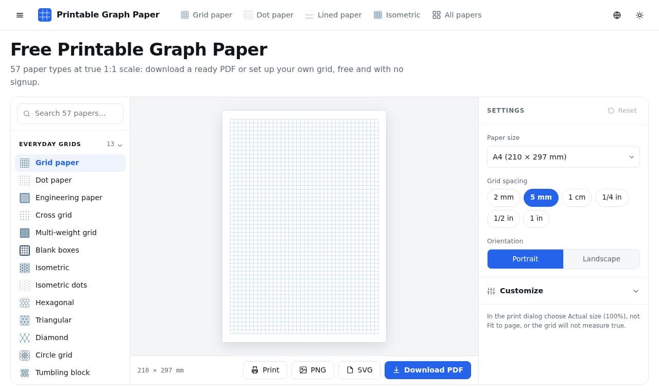 Printable Graph Paper 서비스 화면