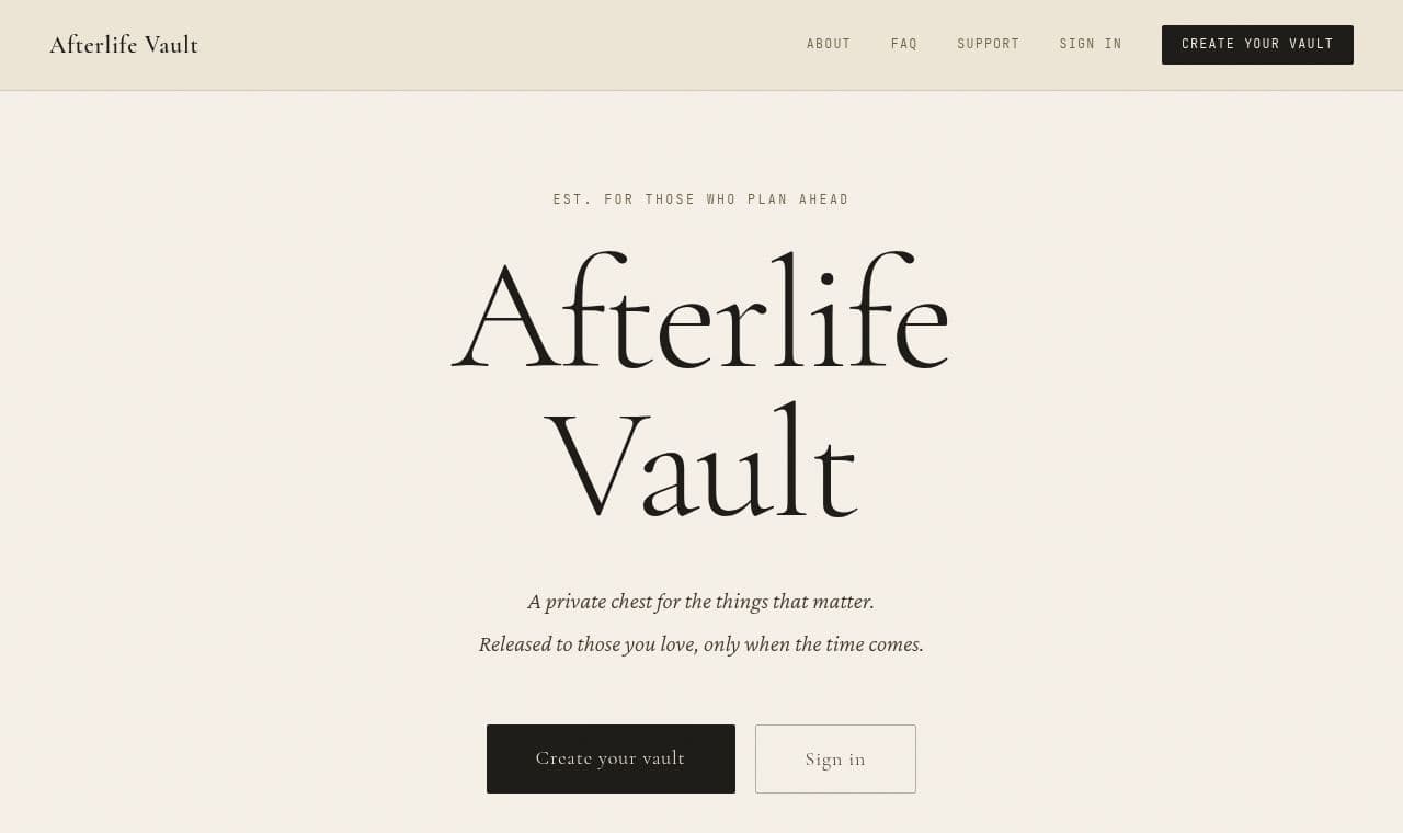 Afterlife Vault 서비스 화면