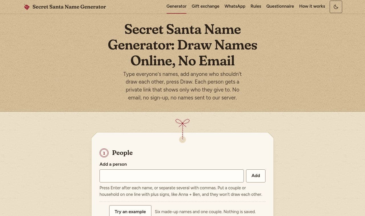 Secret Santa Name Generator 서비스 화면