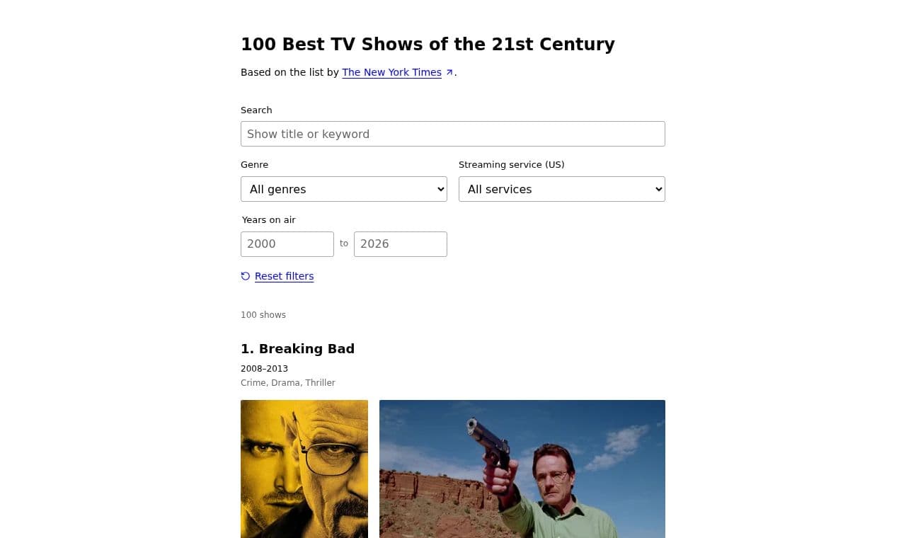 100besttvshows 서비스 화면