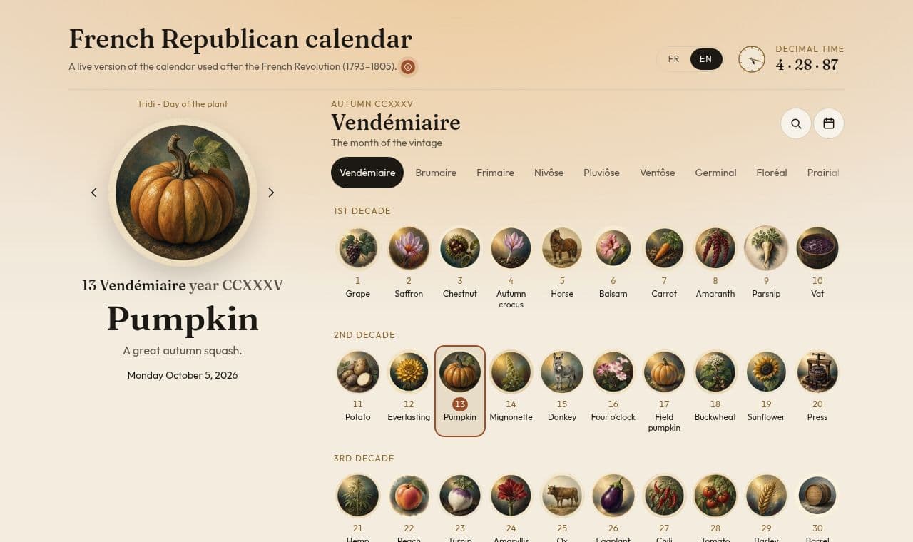 French Revolutionary Calendar 서비스 화면