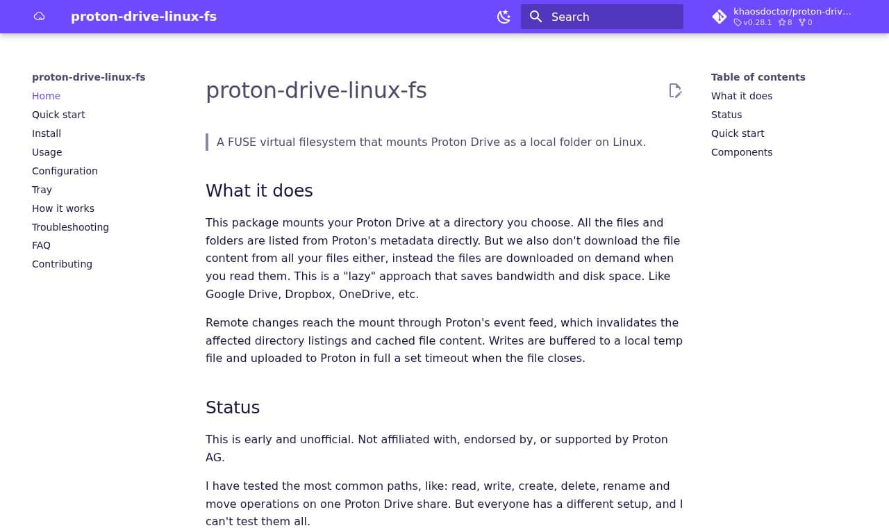 Proton Drive for Linux 서비스 화면
