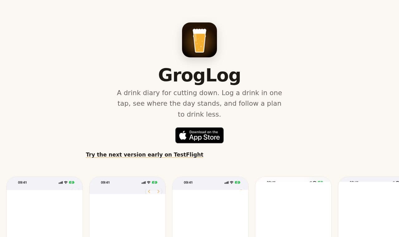 GrogLog, a Free Drink Tracker 서비스 화면