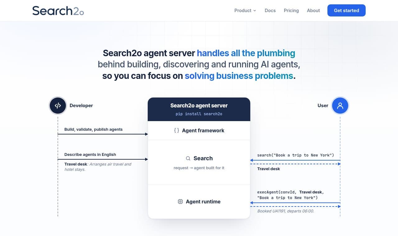 Search2o Simplifies AI Agents 서비스 화면