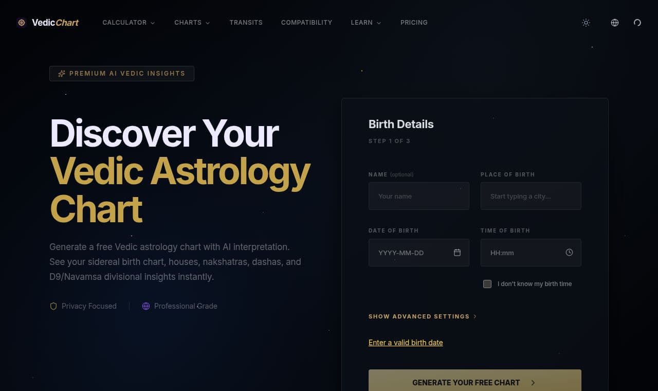 Vedic Astrology Chart 서비스 화면