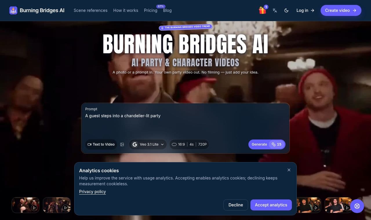Burning Bridges AI Video Generator 서비스 화면
